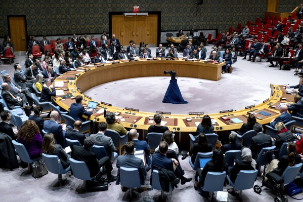 Palestinian U.N. ambassador Riyad Mansour, background right, addresses members of the U.N. Security Council at United Nations headquarters Monday, Oct. 16, 2023. (AP Photo/Craig Ruttle)