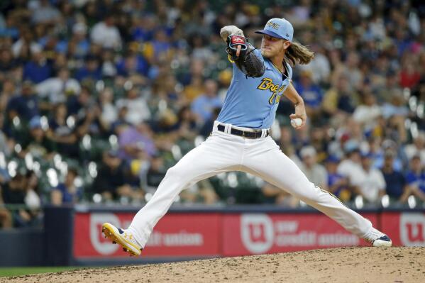 Milwaukee Brewers relief pitcher Josh Hader throws against the Toronto Blue Jays during the ninth inning of a baseball game Saturday, June 25, 2022, in Milwaukee. (AP Photo/Jon Durr)