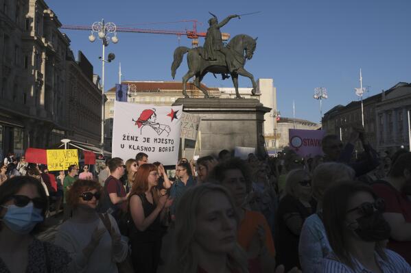 People attend a protest in solidarity with a woman who was denied an abortion despite her fetus having serious health problems, in Zagreb, Croatia, Thursday, May 12, 2022. The case has sparked public outrage and rekindled a years-long debate about abortion in Croatia, a member of the European Union. (AP Photo)