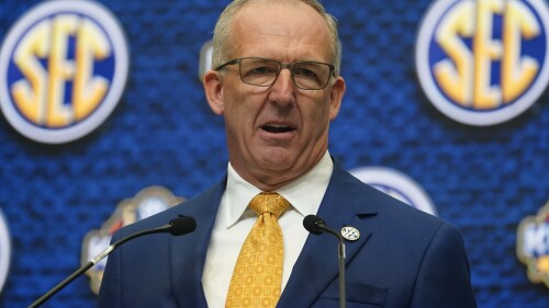 FILE - Southeastern Conference Commissioner Greg Sankey speaks during SEC Media Days, July 18, 2022, in Atlanta. The Southeastern Conference and Commissioner Greg Sankey have agreed to a contract extension through 2028. Financial terms were not disclosed in the release on Thursday, July 13, 2023. (AP Photo/John Bazemore, File)