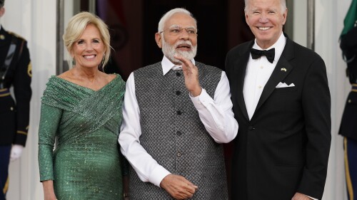 President Joe Biden and first lady Jill Biden welcome India's Prime Minister Narendra Modi as he arrives for a State Dinner on the North Portico of the White House in Washington, Thursday, June 22, 2023. (AP Photo/Andrew Harnik)