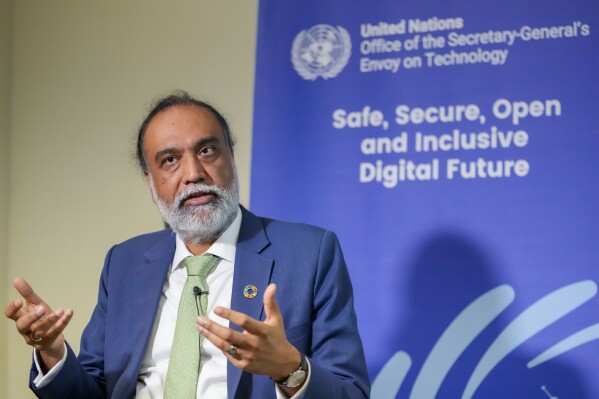 Amandeep Singh Gill, the United Nations tech policy chief, speaks during an interview with The Associated Press, Friday, Sept. 22, 2023, at U.N. headquarters. (AP Photo/Mary Altaffer)