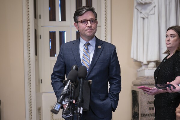 On his first full day on the job, Speaker of the House Mike Johnson, R-La., makes a statement to reporters about the mass shooting in Maine, at the Capitol in Washington, Thursday, Oct. 26, 2023. He did not respond to questions. (AP Photo/J. Scott Applewhite)