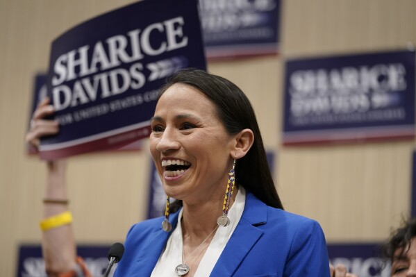 Rep. Sharice Davids, D-Kan., talks to supporters after defeating Republican candidate Amanda Adkins for Kansas' 3rd Congressional District seat Nov. 8, 2022, in Overland Park, Kan. (AP Photo/Ed Zurga, File)