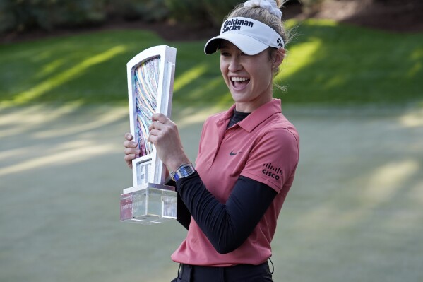 Nelly Korda celebrates after winning the LPGA T-Mobile Match Play golf tournament Sunday, April 7, 2024, in North Las Vegas, Nev. (AP Photo/John Locher)