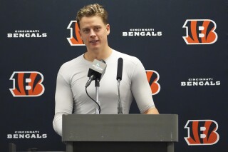 Cincinnati Bengals quarterback Joe Burrow talks during a news conference after an NFL football game against the Dallas Cowboys, in Arlington, Texas, Dec. 9, 2024. (AP Photo/Julio Cortez, File)