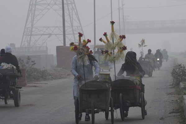 Corn sellers push their hand-carts as smog envelops the areas of Lahore, Pakistan, Wednesday, Nov. 8, 2023. Residents of Lahore and adjacent areas are suffering from respiratory problems because of poor air quality related to thick smog hanging over the region. (AP Photo/K.M. Chaudary)