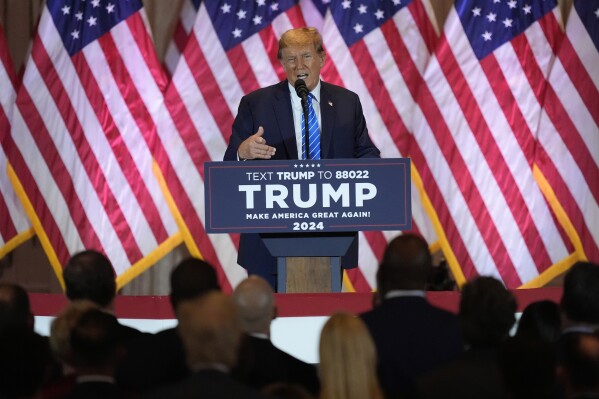 Republican presidential candidate former President Donald Trump speaks at a Super Tuesday election night party, Tuesday, March 5, 2024, at Mar-a-Lago in Palm Beach, Fla. (AP Photo/Rebecca Blackwell)