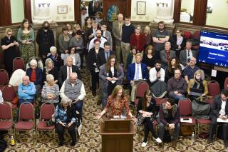 FILE - Opponents of a bill banning gender-affirming medical care for transgender minors, line up out the door of the Senate Judiciary Committee on Jan. 27, 2023, in the State Capitol in Helena, Mont. On Monday, April 17, 2023, Gov. Greg Gianforte indicated that he would sign the bill, but offered the legislature some amendments to make it more clear. (Thom Bridge/Independent Record via AP, File)