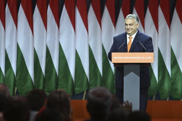 Hungarian Prime Minister Viktor Orban delivers his speech after he was re-elected as party president at the election of officials congress of the ruling Hungarian Fidesz party in Budapest, Hungary, Saturday, Nov. 18, 2023. (Szilard Koszticsak/MTI via AP)