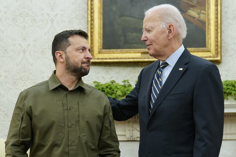 President Joe Biden meets with Ukrainian President Volodymyr Zelenskyy in the Oval Office of the White House, Thursday, Sept. 21, 2023, in Washington. (AP Photo/Evan Vucci)