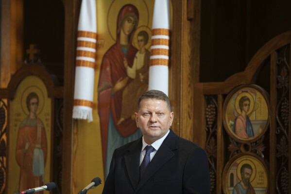 Ukraine's ambassador to UK Valerii Zaluzhnyi speaks during an interfaith prayer service at the Ukrainian Catholic Cathedral in London, Monday, Feb. 24, 2025, to mark the third anniversary of the Russian invasion of Ukraine. (AP Photo/Kin Cheung)