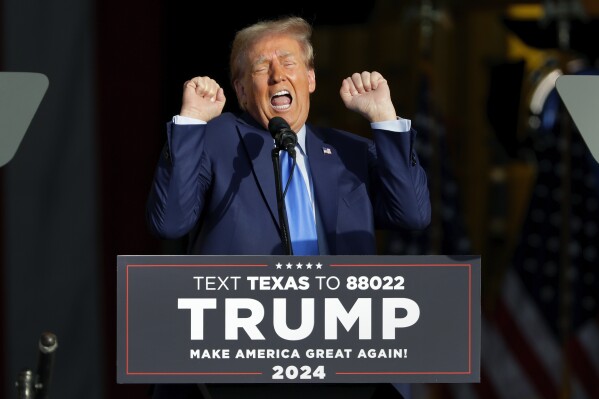 Former President Donald Trump gestures as he gives remarks during a campaign event held at Trendsetter Engineering, Thursday, Nov. 2, 2023, in Houston. (AP Photo/Michael Wyke)