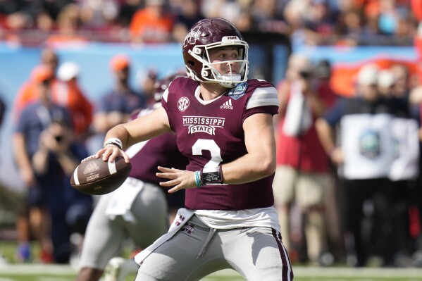 FILE - Mississippi State quarterback Will Rogers plays against Illinois during the first half of the ReliaQuest Bowl NCAA college football game Monday, Jan. 2, 2023, in Tampa, Fla. Mississippi State opens their season at home against Southeastern Louisiana on Sept. 2. (AP Photo/Chris O'Meara, File)