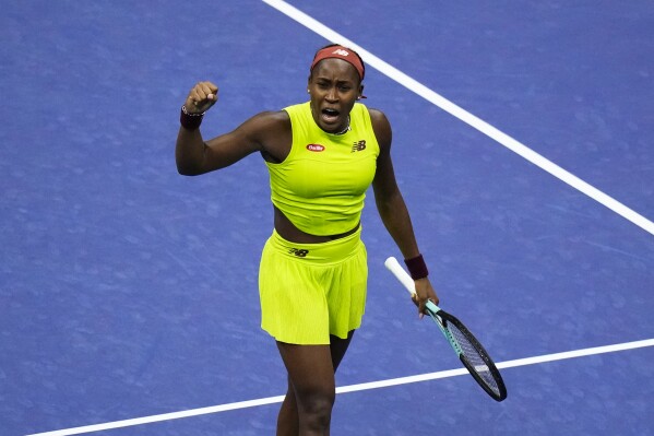 Coco Gauff, of the United States, celebrates after winning a match against Elise Mertens, of Belgium, during the third round of the U.S. Open tennis championships, Friday, Sept. 1, 2023, in New York. (AP Photo/Frank Franklin II)