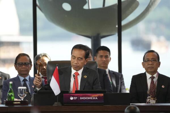 Indonesia President Joko Widodo, center, opens the 42nd ASEAN Summit in Labuan Bajo, East Nusa Tenggara province, Indonesia, Wednesday, May 10, 2023. (AP Photo/Achmad Ibrahim, Pool)