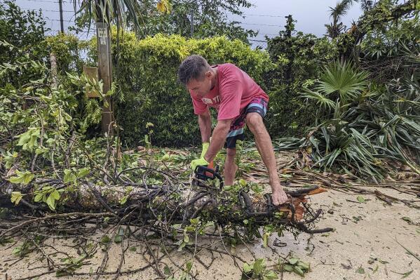 A man uses a chainsaw on a fallen tree in Port Villa, Vanuatu, Wednesday, March 1, 2023. Residents of Vanuatu were hunkering down as a cyclone barreled through the Pacific island nation. (Matt Hardwick/Australian Broadcasting Corp. via AP)