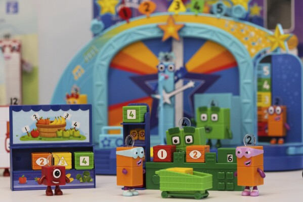Products of Learning Resources, an educational toy company whose products are manufactured in China, are shown at a showroom in Vernon Hills, Ill., Friday, April 11, 2025. (AP Photo/Nam Y. Huh)