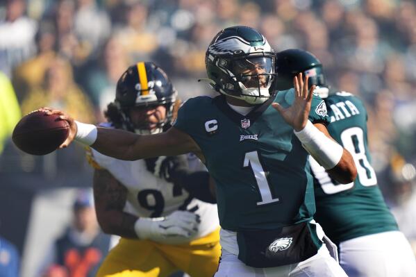 Philadelphia Eagles quarterback Jalen Hurts (1) passes during the first half of an NFL football game between the Pittsburgh Steelers and Philadelphia Eagles, Sunday, Oct. 30, 2022, in Philadelphia. (AP Photo/Matt Slocum)