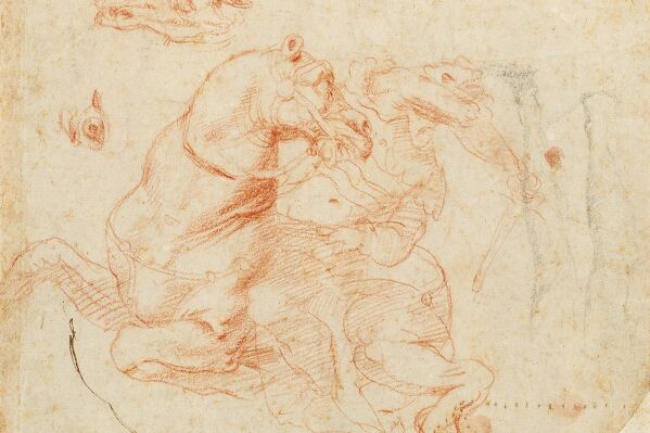 Raffaello Santi, called Raffael (Urbino 1483 - 1520 Rome) Study for the Battle of the Milvian Bridge: a rider and head and eye of a horse, red chalk and pen on paper, 22 x 24 cm Auction October 25, 2023, Dorotheum Vienna / More information via ots and www.presseportal.de/en/nr/58393 / The use of this image for editorial purposes is permitted and free of charge provided that all conditions of use are complied with. Publication must include image credits.