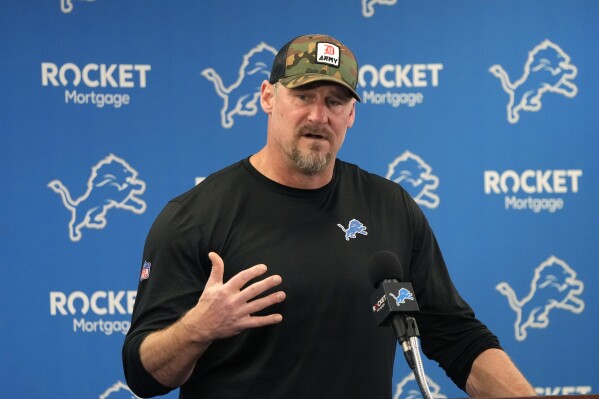 Detroit Lions head coach Dan Campbell gives his end-of-season news conference Monday, Jan. 29, 2024, in Allen Park, Mich. (AP Photo/Carlos Osorio)