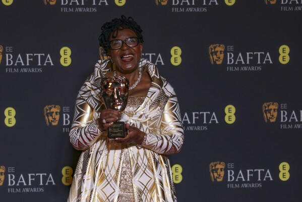 June Givanni, winner of the outstanding british contribution to cinema award, poses for photographers at the 77th British Academy Film Awards, BAFTA's, in London, Sunday, Feb. 18, 2024. (Photo by Vianney Le Caer/Invision/AP)