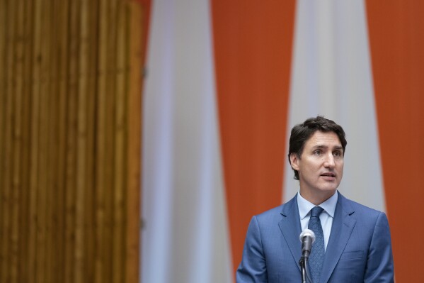 Prime Minister Justin Trudeau address the world law congress at the United Nations, Friday, July 21, 2023. (Christinne Muschi /The Canadian Press via AP)