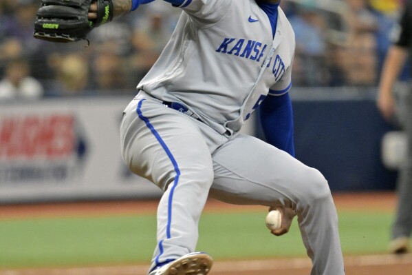 Kansas City Royals pitcher Aroldis Chapman throw the ball against the Tampa Bay Rays during the eighth inning of a baseball game, Sunday, June 25, 2023, in St. Petersburg, Fla. (AP Photo/Steve Nesius)