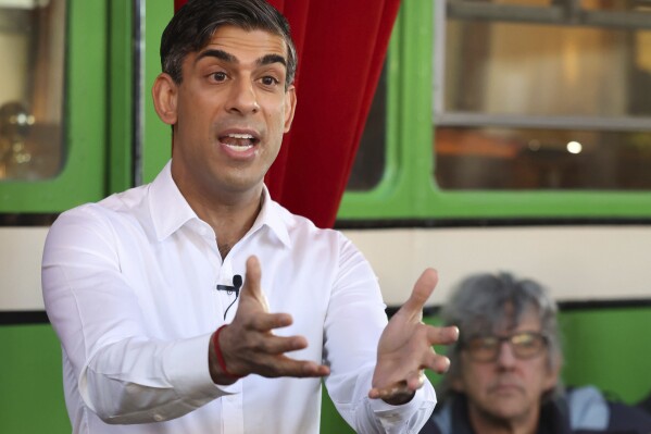 Britain's Prime Minister Rishi Sunak gestures during his visit to The Boatyard in Leigh-on-Sea, Essex, England, Monday Jan. 15, 2024. (Phil Harris/Pool Photo via AP)