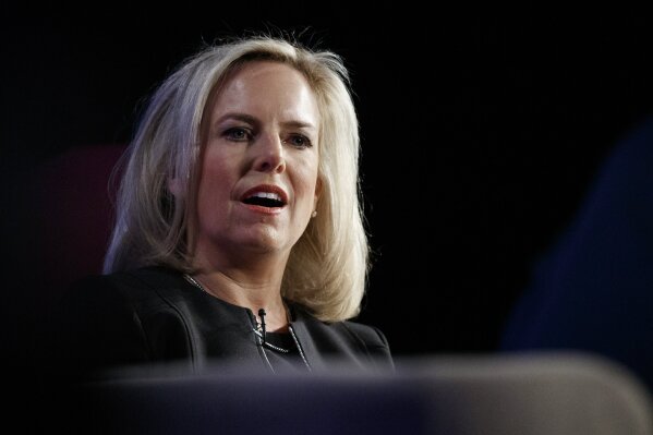 
              FILE - In this Monday, March 18, 2019, file photo, Homeland Security Secretary Kirstjen Nielsen speaks at George Washington University's Jack Morton Auditorium in Washington. In a tweet on Sunday, April 7, 2019, President Donald Trump said he's accepted Nielsen's resignation. (AP Photo/Carolyn Kaster, File)
            