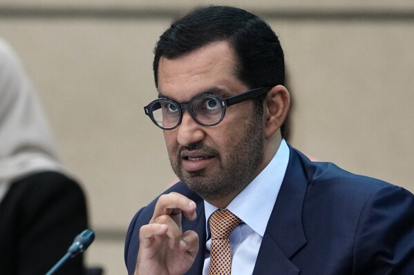 FILE - Designated UN conference president Sultan al-Jaber attends the United Nations Climate Change Conference in Bonn, Germany, Thursday, June 8, 2023. The head of this year’s United Nations’ climate talks called Thursday, July 13, 2023, for governments and businesses to tackle global warming by reducing greenhouse gas emissions in all regions and sectors if they want to stop the planet from passing a key temperature limit agreed more than seven years ago. (AP Photo/Martin Meissner, File)