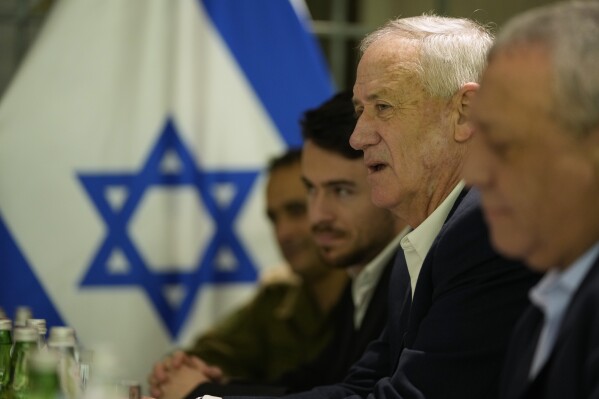 Former Israeli Defense Minister Benny Gantz, second right, meets with U.S. Secretary of State Antony Blinken in Tel Aviv, Israel, Thursday, Feb. 8, 2024. (AP Photo/Mark Schiefelbein, Pool)
