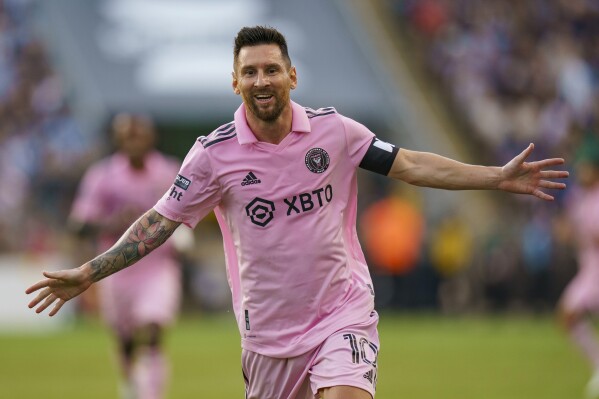 Inter Miami's Lionel Messi celebrates his goal against the Philadelphia Union during the first half of a Leagues Cup soccer semifinal Tuesday, Aug. 15, 2023, in Chester, Pa. (AP Photo/Chris Szagola)