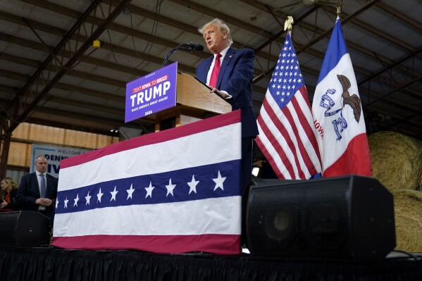 FILE - Former President Donald Trump speaks during a commit to caucus rally, Monday, Oct. 16, 2023, in Adel, Iowa. (AP Photo/Charlie Neibergall, File)