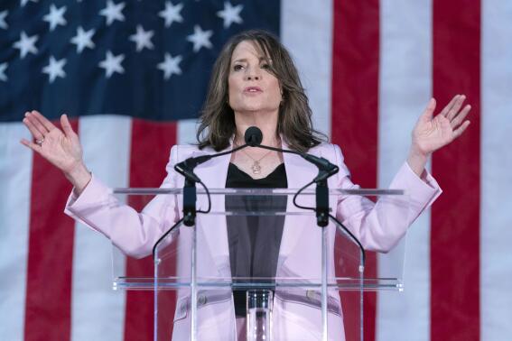 Self-help author Marianne Williamson speaks to the crowd as she launches her 2024 presidential campaign in Washington, Saturday, March 4, 2023. The 70-year-old onetime spiritual adviser to Oprah Winfrey became the first Democrat to formally challenge President Joe Biden for the 2024 nomination. (AP Photo/Jose Luis Magana)