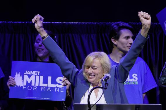 Democratic Gov. Janet Mills celebrates at her reelection party, Tuesday, Nov. 8, 2022, in Portland, Maine. Mills defeated Republican Paul LePage and independent Sam Hunkler. (AP Photo/Robert F. Bukaty)