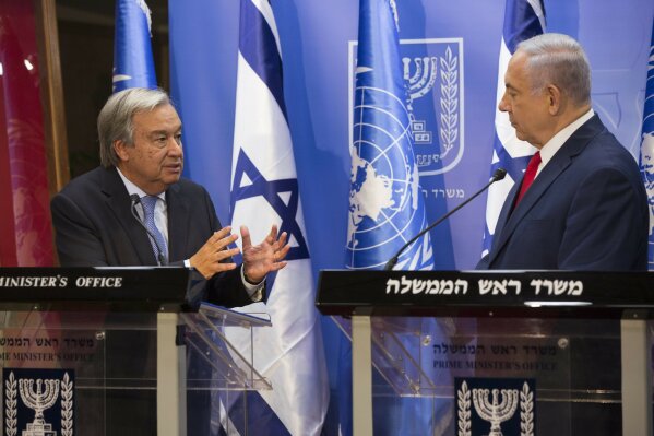 
              Prime Minister Benjamin Netanyahu, right, and U.N. Secretary-General Antonio Guterres attend a press conference at the Prime Minister's Office in Jerusalem, Monday , Aug.28, 2017. ( Heidi Levine, Pool via AP)
            