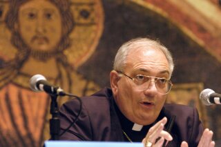 FILE - This Nov. 14, 2007 file photo shows Bishop Nicholas DiMarzio of Brooklyn, N.Y. speaking during a news conference at the U.S. Conference of Catholic Bishops fall meeting in Baltimore. DiMarzio, named by Pope Francis to investigate the church’s response to clergy sexual abuse in Buffalo, New York, has himself been accused of sexual abuse of a child, an attorney for the alleged victim notified the church in November 2019. (AP Photo/ Steve Ruark, File)