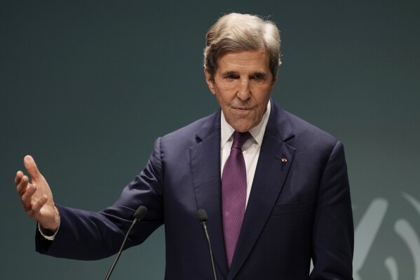 FILE - John Kerry, U.S. Special Presidential Envoy for Climate, speaks during a news conference at the COP28 U.N. Climate Summit, Dec. 6, 2023, in Dubai, United Arab Emirates. Kerry is stepping down from the Biden administration in the coming weeks, according to two people familiar with his plans. (AP Photo/Kamran Jebreili, File)