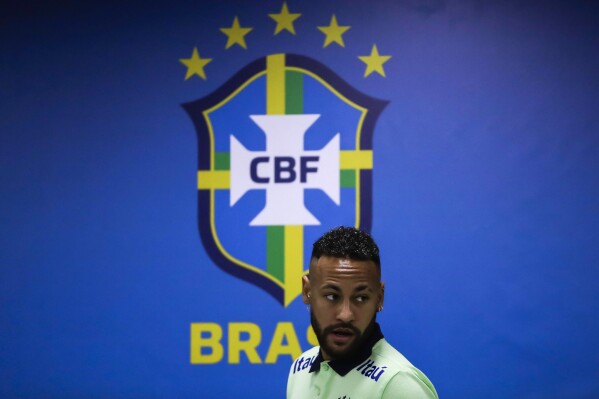 Brazil's Neymar attends a press conference before a training session, in Belém, Brazil, Thursday, Sept. 7, 2023. Brazil and Bolivia will compete on Sept. 8 in a South American World Cup qualifiers match. (AP Photo/Bruna Prado)