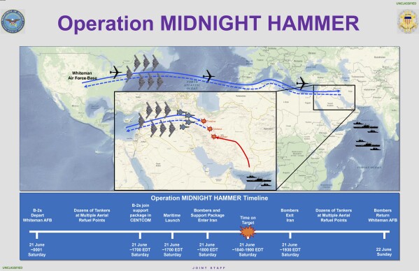 This image provided by the Department of Defense shows a chart that was displayed during a news conference by Defense Secretary Pete Hegseth and Chairman of the Joint Chiefs of Staff Gen. Dan Caine at the Pentagon in Washington, Sunday, June 22, 2025. (Department of Defense via AP)