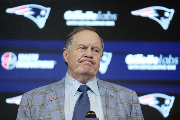 FILE - Former New England Patriots head coach Bill Belichick faces reporters during an NFL football news conference, Thursday, Jan. 11, 2024, in Foxborough, Mass., to announce that he has agreed to part ways with the team. (AP Photo/Steven Senne, File)