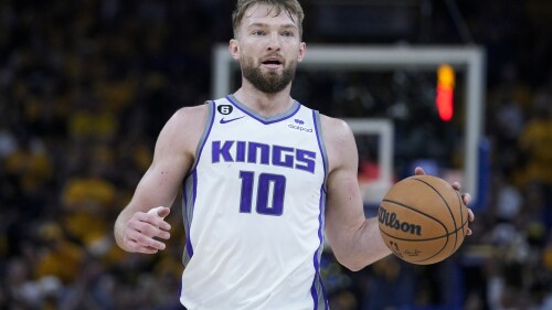 Sacramento Kings center Domantas Sabonis against the Golden State Warriors during the first half of Game 6 in the first round of the NBA basketball playoffs in San Francisco, Friday, April 28, 2023. Sabonis and the Sacramento Kings have agreed on a four-year contract extension, a person with knowledge told The Associated Press on Sunday, July 2, 2023. (AP Photo/Godofredo A. Vásquez)