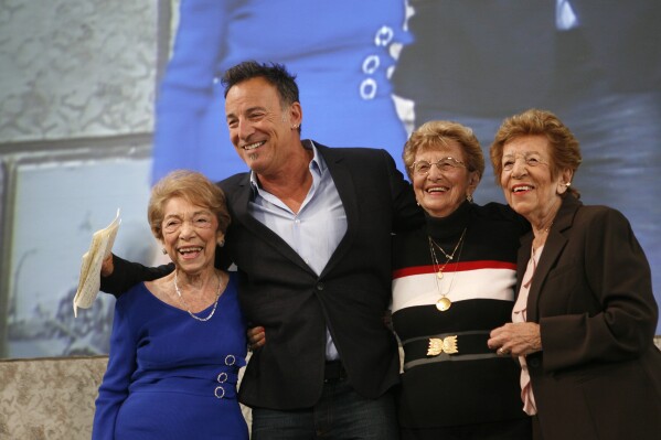 FILE - Singer Bruce Springsteen poses with, from left, his aunt Dora Kirby, mother Adele Springsteen, and aunt Ida Urbelis after being honored at the Ellis Island Family Heritage Awards ,Thursday, April 22, 2010, on Ellis Island in New York. Springsteen's mother, Adele Zerilli Springsteen, has died at age 98. (APPhoto/Jason DeCrow, File)