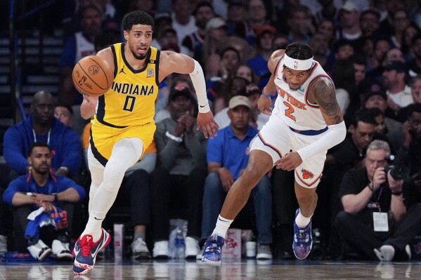 Indiana Pacers guard Tyrese Haliburton (0) dribbles during the first half of Game 7 in an NBA basketball second-round playoff series against the New York Knicks, May 19, 2024, in New York. (AP Photo/Julia Nikhinson, File)