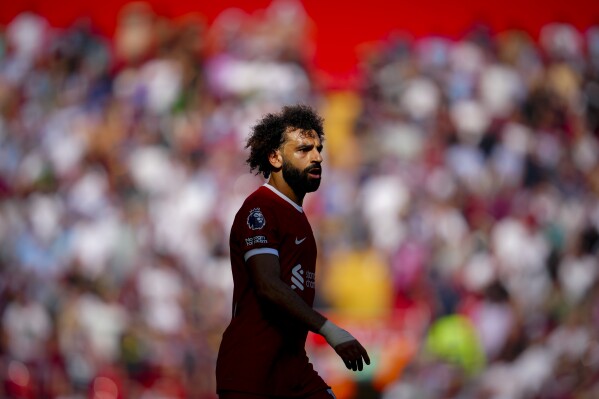 Liverpool's Mohamed Salah during the English Premier League soccer match between Liverpool and Aston Villa at Anfield stadium in Liverpool, Sunday, Sept. 3, 2023. (AP Photo/Jon Super)
