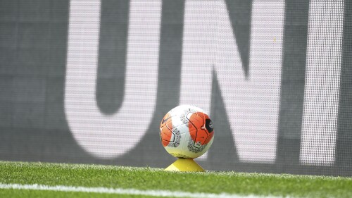 FILE - A ball stands next to the field during the English Premier League soccer match between Watford and Leicester City at the Vicarage Road Stadium in Watford, England, on June 20, 2020. English soccer club Watford has apologized to the victims of a former physiotherapist nicknamed “Paedo Phil” after concluding an investigation into his alleged abuse. The findings of Watford's investigation were made public on Tuesday June 27, 2023 and added to an independent report into allegations of non-recent child sexual abuse in soccer published in 2021. (Andy Rain/Pool via AP, File)