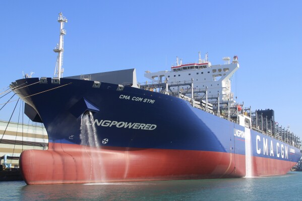 In this photo provided by Vladimir Tonic, the CMA CGM Symi is seen at Mokpo, South Korea, Jan. 20, 2022. The container ship owned by an Israeli billionaire came under attack by a suspected Iranian drone in the Indian Ocean as Israel wages war on Hamas in the Gaza Strip, an American defense official said Saturday, Nov. 25, 2023. (Vladimir Tonic via AP)