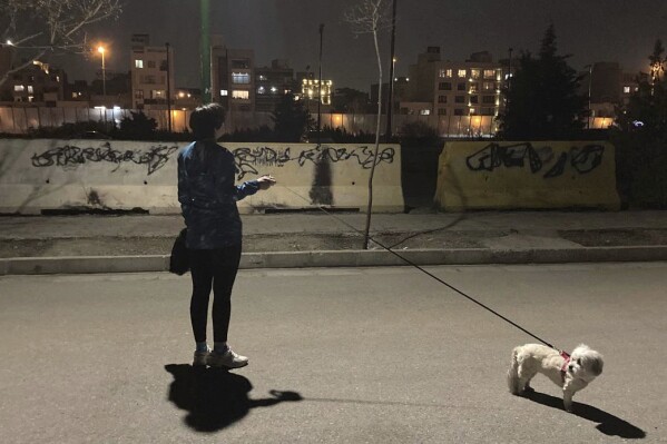 An Iranian woman without wearing her mandatory Islamic headscarf walks her dog at a park with graffiti against the government which is painted over in black, Monday, March 6, 2023. Iranians are marking the first anniversary of nationwide protests over the country's mandatory headscarf law that erupted after the death of a young woman detained by morality police. (AP Photo/Vahid Salemi)