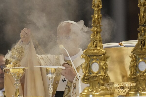 Pope Leo XIV presides over a Mass in the Archbasilica of St. John Lateran and takes possession of the Roman Cathedra, formalising his role as Bishop of Rome in Rome, Sunday, May 25, 2025. (AP Photo/Gregorio Borgia)